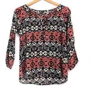 FUNKY SOUL Black Red Cream Ivory Aztec Boho Tribal 3/4 Sleeve Blouse Top Small S